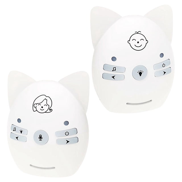 Baby Monitor Baby Portable Crystal Clear Cry Voice US Plug White US plug. A set of two white, cat-shaped digital wireless baby monitors with soft blue buttons for volume control, night light, and lullaby playback. Features two-way communication, sensitive sound transmission, and a soothing night light. Compact and lightweight design for portability. Suitable for monitoring babies with a maximum transmission range of 1000ft in open areas. Often used as an audio baby monitor for clear sound monitoring.