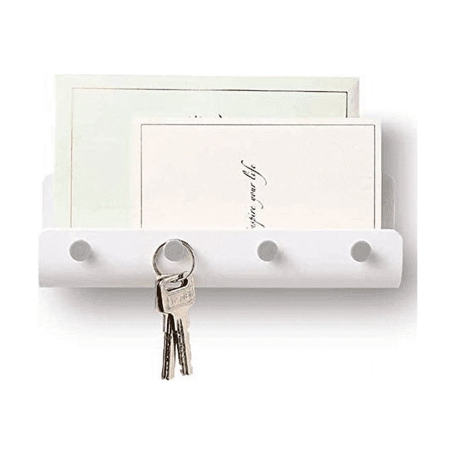 Key Holder for Wall Entryway Mail Holder for Wall Adhesive Key Rack for Wall with 4 Key Hook. A compact white wall-mounted organizer featuring four hooks for keys and a top compartment for mail or small documents. Made of ABS plastic, it measures 8.5L x 1.6W x 2.6H inches, ideal for entryways, mudrooms, or hallways. Includes adhesive strips for easy installation.