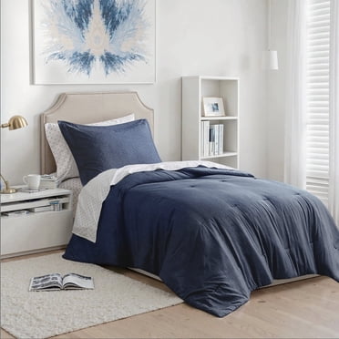 Regency Heights 5-Piece Twin/Twin XL Bed in a Bag Set, Reversible Comforter with Sheet Set and Shams, Navy Blue, Solid Color