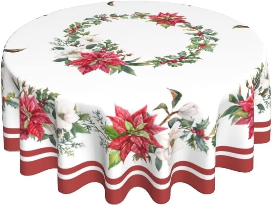Poinsettia Christmas Round Tablecloth 60 Inch, White and Red Christmas Tablecloths Stain Resistance Polyester Winter Table Cloth for Holiday Parties Kitchen Dining Indoor Outdoor