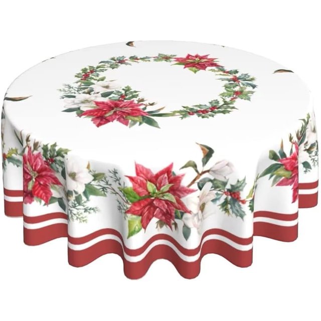 Nappe Ronde de Noël Poinsettia 60 Pouces, Nappes de Noël Blanches et Rouges Résistance aux Taches Polyester Nappe d'Hiver pour Fêtes Cuisine Salle à Manger Intérieur Extérieur