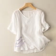thumbnail image 1 of Meichang Hauts en Coton et Lin pour Femmes Décontractés d'Été à Manches Courtes à Col Rond T-Shirts Rétro Coupe Ample T-Shirts Unis Fluides Blouses Courtes de Vacances Blanc TG, 1 of 4