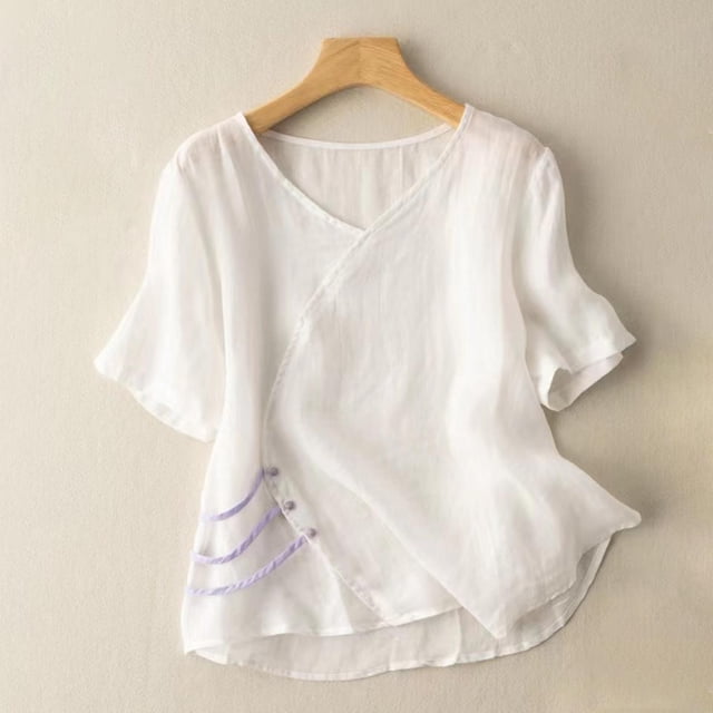 Meichang Hauts en Coton et Lin pour Femmes Décontractés d'Été à Manches Courtes à Col Rond T-Shirts Rétro Coupe Ample T-Shirts Unis Fluides Blouses Courtes de Vacances Blanc TG