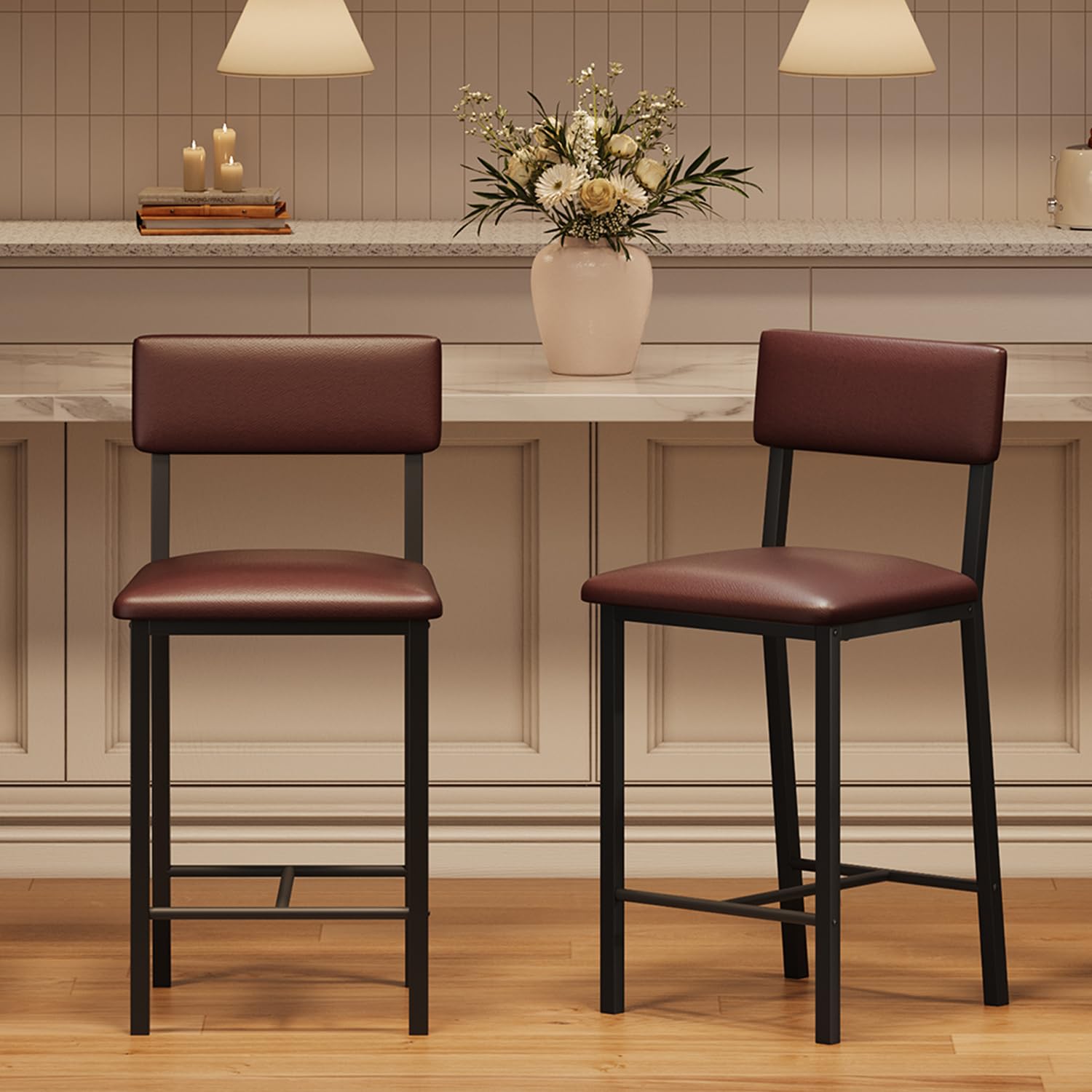 2Pcs Bar Stools, Kitchen Barstools with Thick Cushion, Counter Height Bar Stools with Backrest, for Dining Room Kitchen Island, Brown