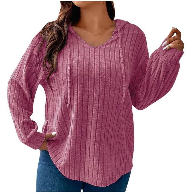 AherBiu Plus Size Tops for Women Ribbed Long Sleeve Hooded Pullover Spring Casual Loose Going out Tops