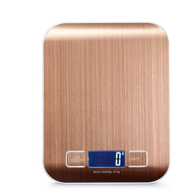 Amdohai 22lb Food Scale Digital Kitchen Scale with a sleek rose gold stainless steel surface and a large backlit LCD display. The scale supports six weight units, including lb, oz, kg, g, water ml, and milk ml, with precise 0.1oz/1g increments. Features include a tare function, auto-off after one minute, and buttons for unit conversion and power. Suitable for cooking, baking, and portion control.