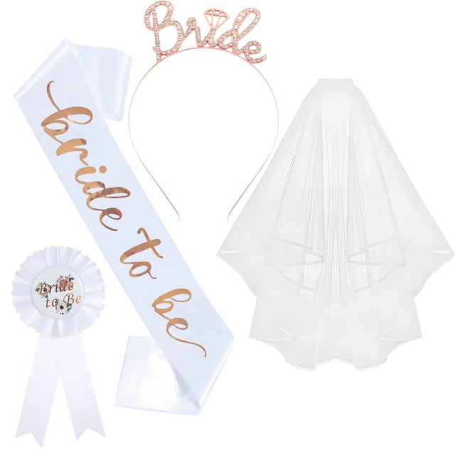 Bachelorette Party 4-Piece Set for Bride with Headband, Sash, Veil & Badge