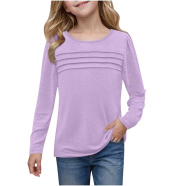GDREDA Vêtements Fille Filles Chemises à Manches Longues à devant Plissé Enfants Matelassées Douces Mignonnes Décontractées T-Shirts à Col Rond Hauts Hauts d'Été pour Fille Violet, 7-8 Ans