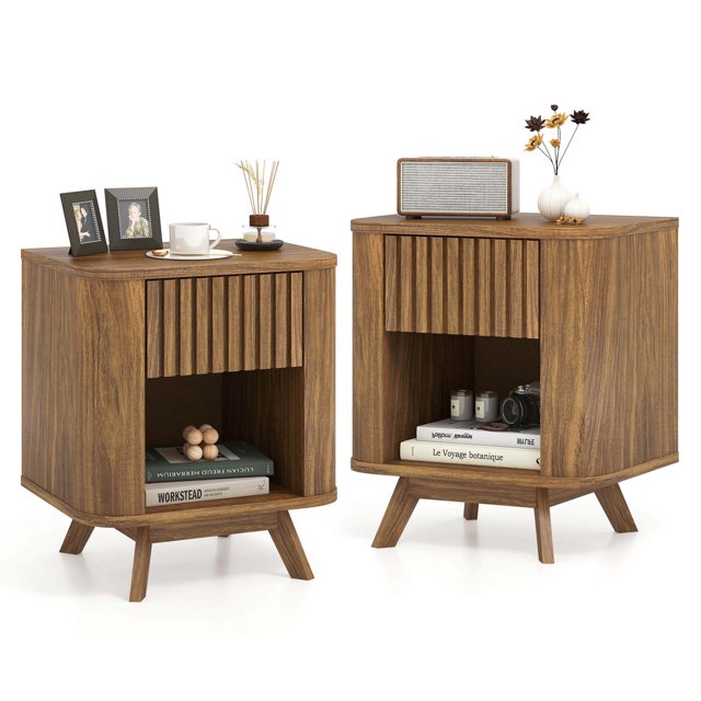 Costway 2 PCS Wood Nightstand with Drawer & Open Shelf Storage Home Bedside Table for Bedroom