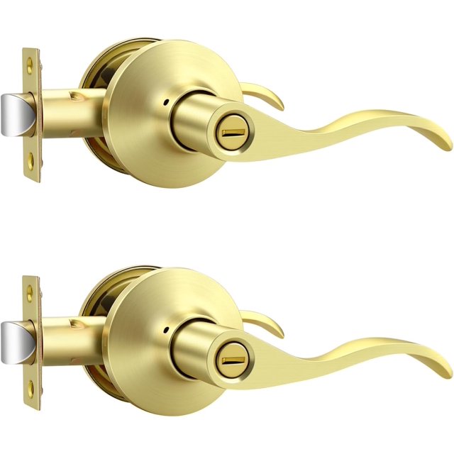 Poignées de Porte d'Intimité en Or Brossé pour Intérieur, Poignée de Porte Intérieure en Laiton Brossé Robuste avec Serrure, Style Ondulé, Sans Clé, Réversible pour Portes de Chambre et de Salle de Bain