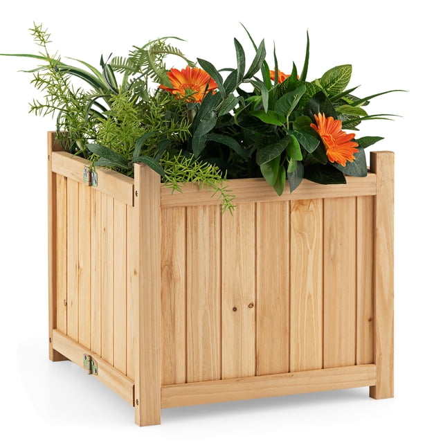 Costway 15" Wooden Planter Box Elevated Outdoor Folding Planter with Removable Bottom. A foldable fir wood planter box with raised legs, detachable bottom, and drainage hole for water management. Compact and portable, ideal for patios, gardens, and decks to grow flowers, herbs, fruits, and vegetables.
