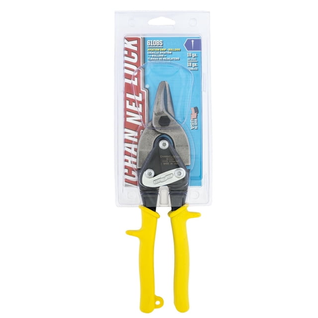 CHANNELLOCK 10" HD Aviation Snip with yellow comfort grip handles and forged molybdenum alloy steel blades, designed for cutting 16 gauge cold rolled steel and 18 gauge stainless steel, in clear retail packaging with blue and red branding, made in USA.