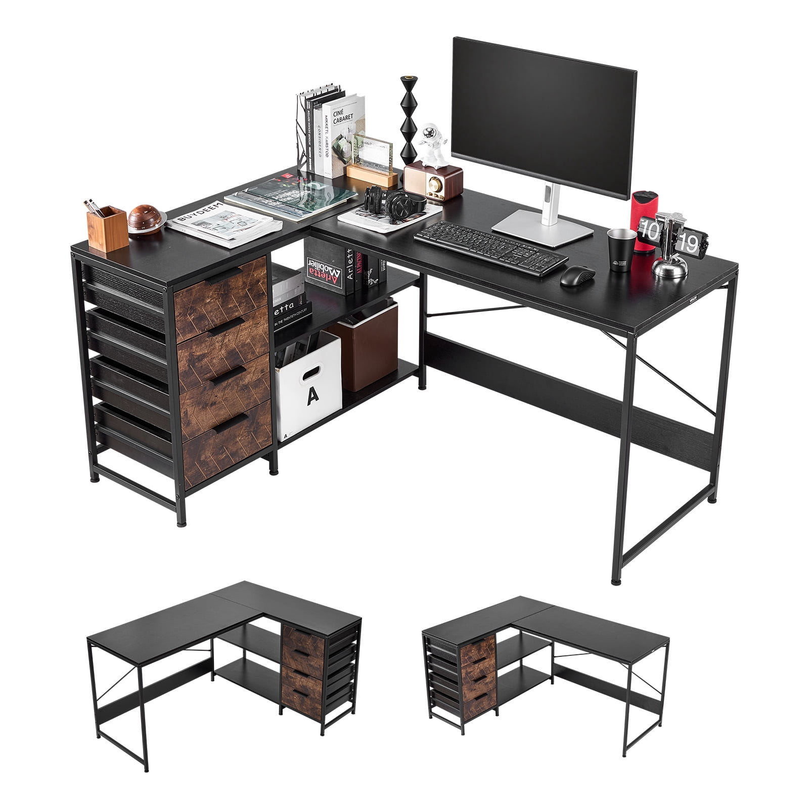 VEVOR L-Shaped Computer Desk, 59-inch Reversible Corner Gaming Desk with Drawers & Storage Shelves, Modern Stylish PC Table Sturdy Work Workstation for Home Office - Easy to Assembly