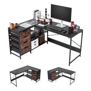 VEVOR L-Shaped Computer Desk, 59-inch Reversible Corner Gaming Desk with Drawers & Storage Shelves, Modern Stylish PC Table Sturdy Work Workstation for Home Office - Easy to Assembly