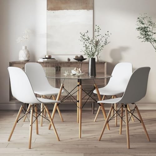 Aykah Eiffel Modern Dining Table Set for 4 Featuring Glass Top Kitchen Table with 4 Dining Chairs - White