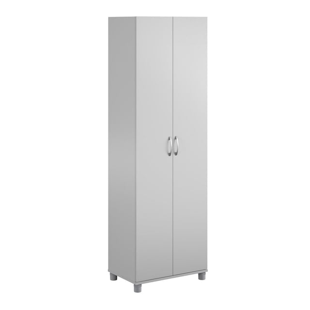 Systembuild Evolution Lory Armoire de Rangement Utilitaire de 24 Pouces en Panneau de Particules Laminé Blanc avec Deux Portes et Poignées Argentées, Posée sur des Pieds Réglables pour le placement au Niveau, Convient aux Meubles de Bureau Ou à l'Utilisation comme Classeur à la Maison Ou au Bureau.