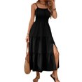 thumbnail image 2 of Women's Boho Maxi Dress, Summer Spaghetti Strap Wedding Guest Dresses Vacation Ruched Ruffle Flowy Sundress Black XL, 2 of 6
