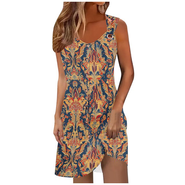 Ovzne Robes pour Femmes Robe de Plage Robe de Printemps et d'Été pour Femmes Vacances Bouton Col en V à Bretelles Robe Haut Robe pour Femmes Imprimée Liquidation