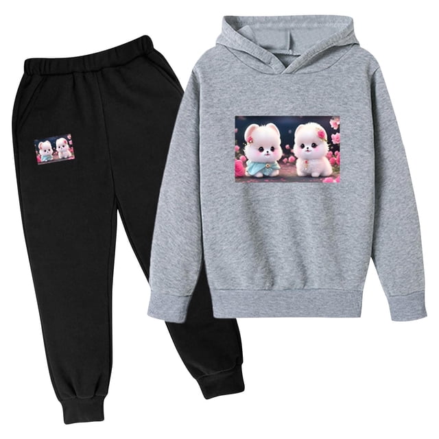 RXIRUCGD Mode Filles et Garçons Ensemble Décontracté à Manches Longues Imprimé Hauts à Manches Longues à Capuche ( Gris, Taille : 8 Ans )