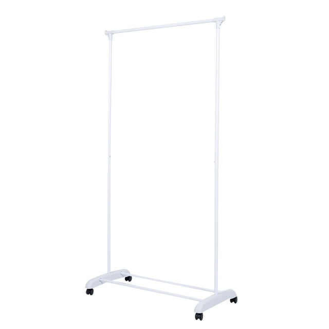 Mainstays Simple Single Rod Garment Rack in white with a metal and polypropylene frame, featuring a single hanging rod supported by two vertical poles and a base with four caster wheels for easy mobility, measuring 35 inches wide, 17.5 inches deep, and 68 inches high, ideal for adding extra clothing storage in bedrooms, laundry rooms, or retail displays.