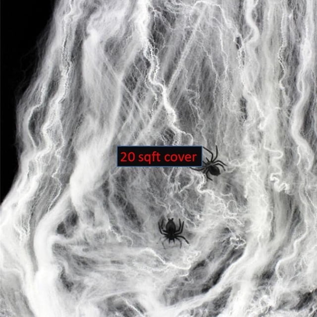 Japceit Décorations de Toile d'Araignée d'Halloween 20 Pi2 Déco Toile Extensible avec Fausses Toiles d'Araignée en Plastique. l'Image Montre un Gros Plan de Toile Artificielle Extensible Blanche avec Deux Petites Araignées en Plastique Noir Attachées, Conçue pour la Déco d'Halloween. la Toile Couvre jusqu'à 20 Pieds Carrés et Peut Être Étirée en Diverses Formes, Convient pour Décorer les Murs, les Fenêtres, les Meubles et les Allées.