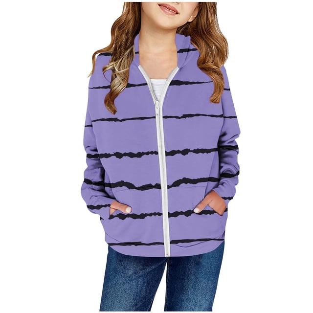 FAOWME Girls Fall Print Patch Pocket Zipper Sweatshirt Hooded Cardigan Jacket Purple 3-4 Years