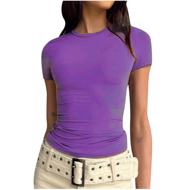 Yuyuzo Hauts de Sortie pour Femmes T-Shirts à Manches Courtes Col Rond Extensibles Ajustés Basiques