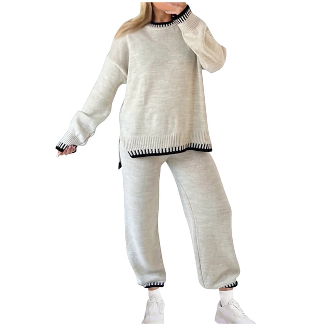 Posijego 2 Piece Knit Set Women Outfit Long Sleeve Pullover Tops Wide Leg Pants Lounge Matching Tracksuit