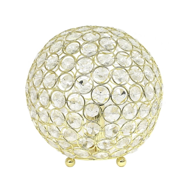 Elegant Designs Elipse 10 Inch Crystal Ball Sequin Table Lamp with a gold-finished spherical frame threaded with steel rings holding clear crystal discs, standing on three gold ball feet, featuring an on/off switch on the cord, suitable for elegant lighting in bedrooms, offices, or entryways.