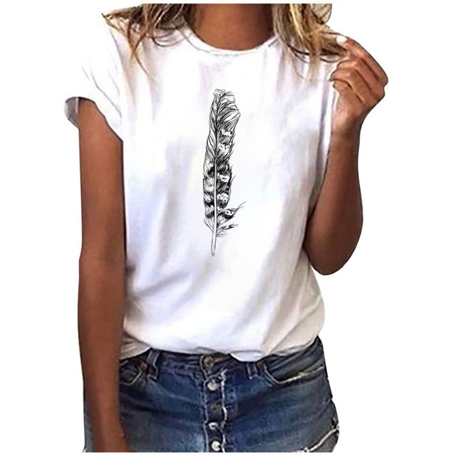 LSLJS T-Shirts pour Femmes Mode Femmes T-Shirt à Manches Courtes Imprimé Plume Haut Décontracté Tee Blouse