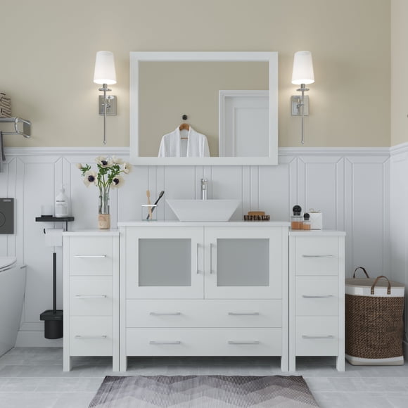 Vanity Art 60 in. W Single Sink Bathroom Vanity with Engineered Marble Top and Free Mirror
