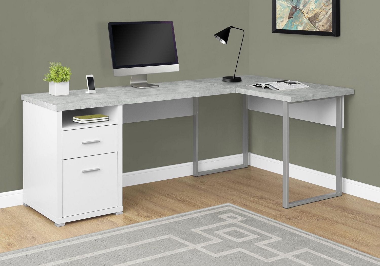 Monarch Specialties Computer Desk, Home Office, Corner, Left, Right Set-up, Storage Drawers, 80"l, L Shape, Work, Laptop, Metal, Laminate, Grey, Contemporary, Modern