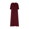 thumbnail image 4 of Pisexur Robes d'Été pour Femmes en Doux Lin-Coton Robes d'Été pour Femmes Décontractées à Col en V Manches 3/4 Robe Maxi Ample Confortable Fluide Robes pour Femmes Couleur Unie à Volants Boho Longues Robes P-2TG Rouge, 4 of 5