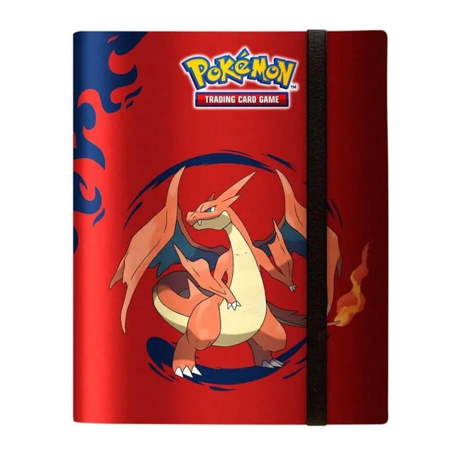 Mega Charizard X & Y Pokemon Pro Binder front-facing full-art cover of Mega Charizard X and Mega Charizard Y; elastic strap closure, embossed webbing and 20 side-loading 9-pocket pages that hold up to 360 double-sleeved standard-size cards in archival-safe, acid-free, non-PVC pages. Suitable for storing tournament decks or promo cards.