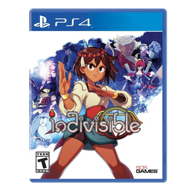 Indivisible (PS4) Couverture de Jeu Mettant en Vedette une Protagoniste Féminine Dessinée à la Main dans une Posture d'Arts Martiaux Portant une blouse Blanche, une Ceinture Rouge et des shorts Turquoise, Entourée de Divers Personnages Fantastiques dans des poses Dynamiques sur un Fond Bleu et Blanc, avec la Marque PlayStation 4 et 505 Games.