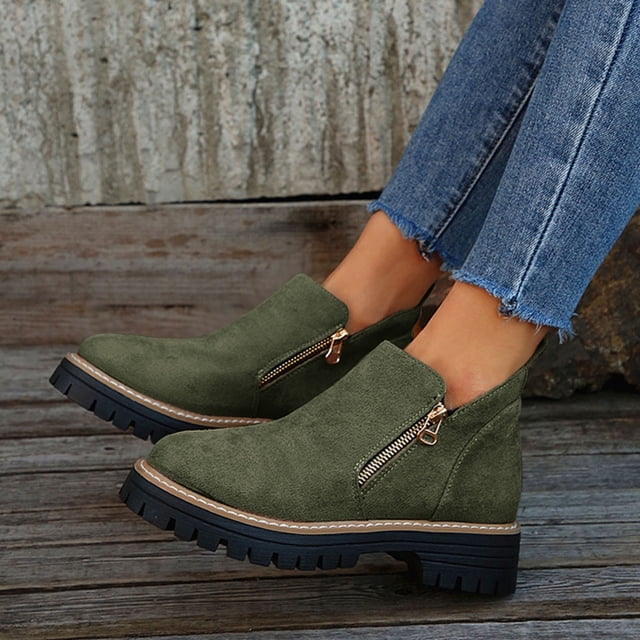 zhenglin Bottes Martin pour Femmes - Bottines Décontractées à Talon Épais avec Double Fermeture Éclair, Confortables à Enfiler pour l'Automne et l'Hiver, Chaussures Polyvalentes et Stylées