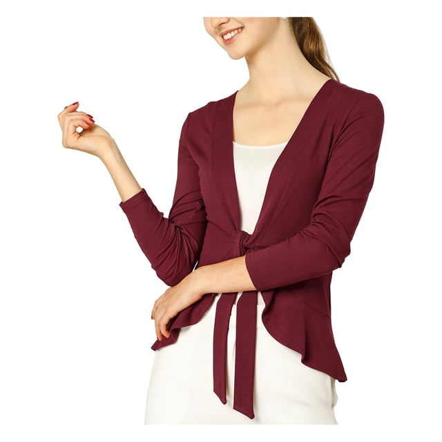 INSPIRE CHIC Cardigan en Tricot à Nouer devant pour Femme, Manches Longues, Ourlet à Volants, Ouvert, m Bourgogne