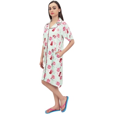 Bimba Mint Green Floral Print Women's Turn-Down Collar Sleepshirt Night Dress - 10