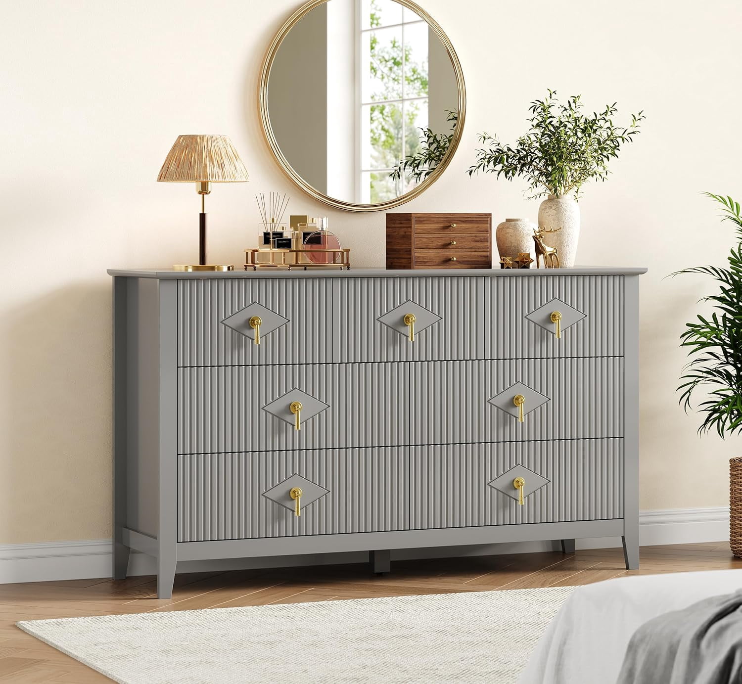 54-In 7-Drawer Dresser with Fluted Panels and Gold Handles Modern Chest of Drawers for Bedroom Natural Oak