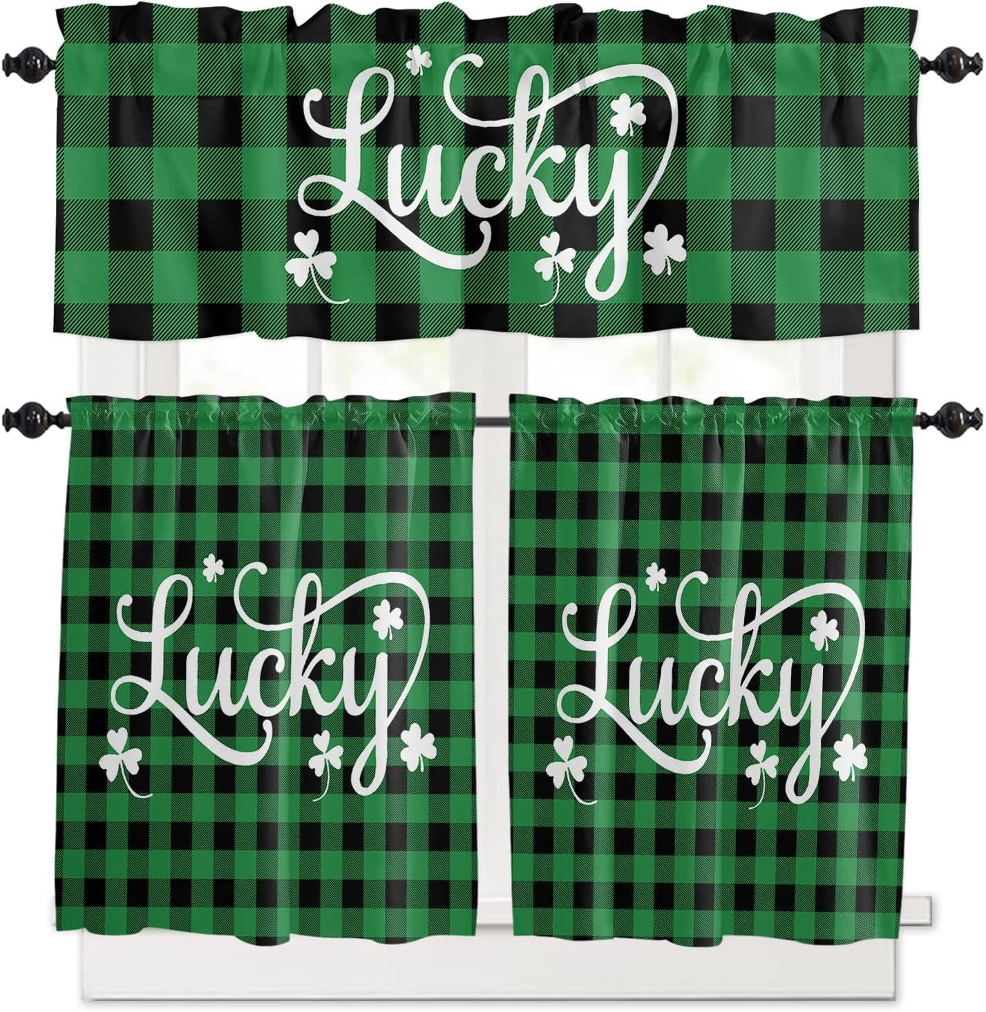 St. Patrick''s Day Buffalo Plaid Kitchen Curtains and Valances Set, Lucky Shamrocks Clover Window Tiers Rustic Green Black Half/Short Curtains for Small Windows Cafe /Living Room/ Bedroom 54x 36 in