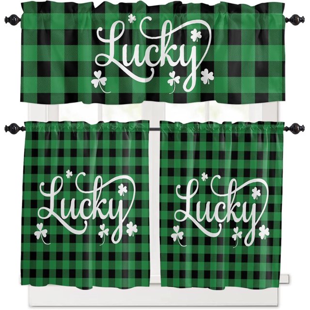 St. Patrick''s Day Buffalo Plaid Kitchen Curtains and Valances Set, Lucky Shamrocks Clover Window Tiers Rustic Green Black Half/Short Curtains for Small Windows Cafe /Living Room/ Bedroom 54x 36 in