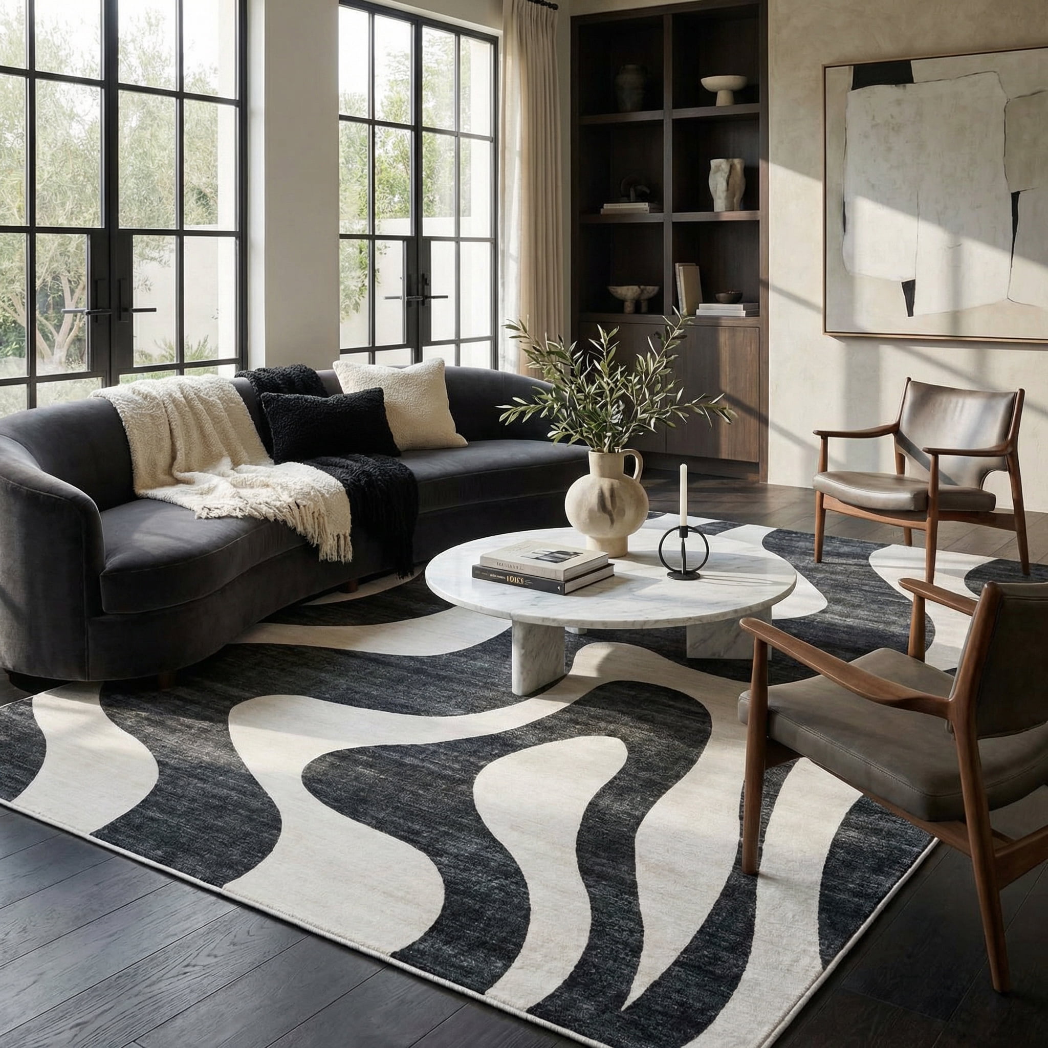 Rug Branch Eclipse Abstract Zebra Print Indoor Area Rug, Black White, Minimalist - Living Room, Bedroom, Dining and Office