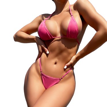 B91xZ Women's High Waisted Bikini Sets Solid Scoop Neck Push up Padded Brazilian Thong Bikini Swimsuit Bathing Suit,Hot Pink L