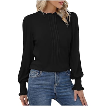 Yuyuzo Blouses pour Femmes Chic Décontracté Volant à l'Ourlet Manches Longues Chemises Habillées Bordure en Dentelle Col Bureau Travail Hauts