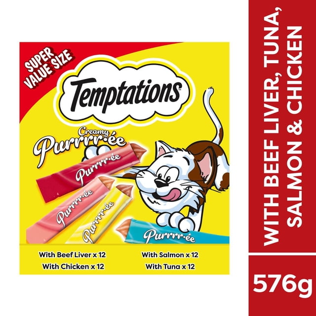 Temptations Creamy Puree with Beef Liver, with Salmon, with Chicken and with Tuna lickable adult cat treats in a 576g super value pack containing 48 single-serve tubes in red, yellow, pink, and blue packaging with a playful cartoon cat on a yellow background, suitable for interactive feeding or as a food topper.