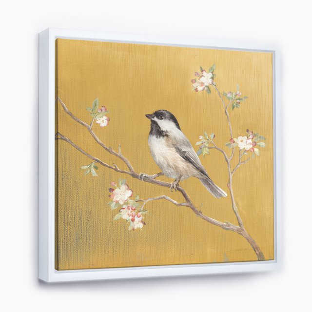 Oiseau Doré sur des Fleurs IV - Toile Encadrée Style Ferme