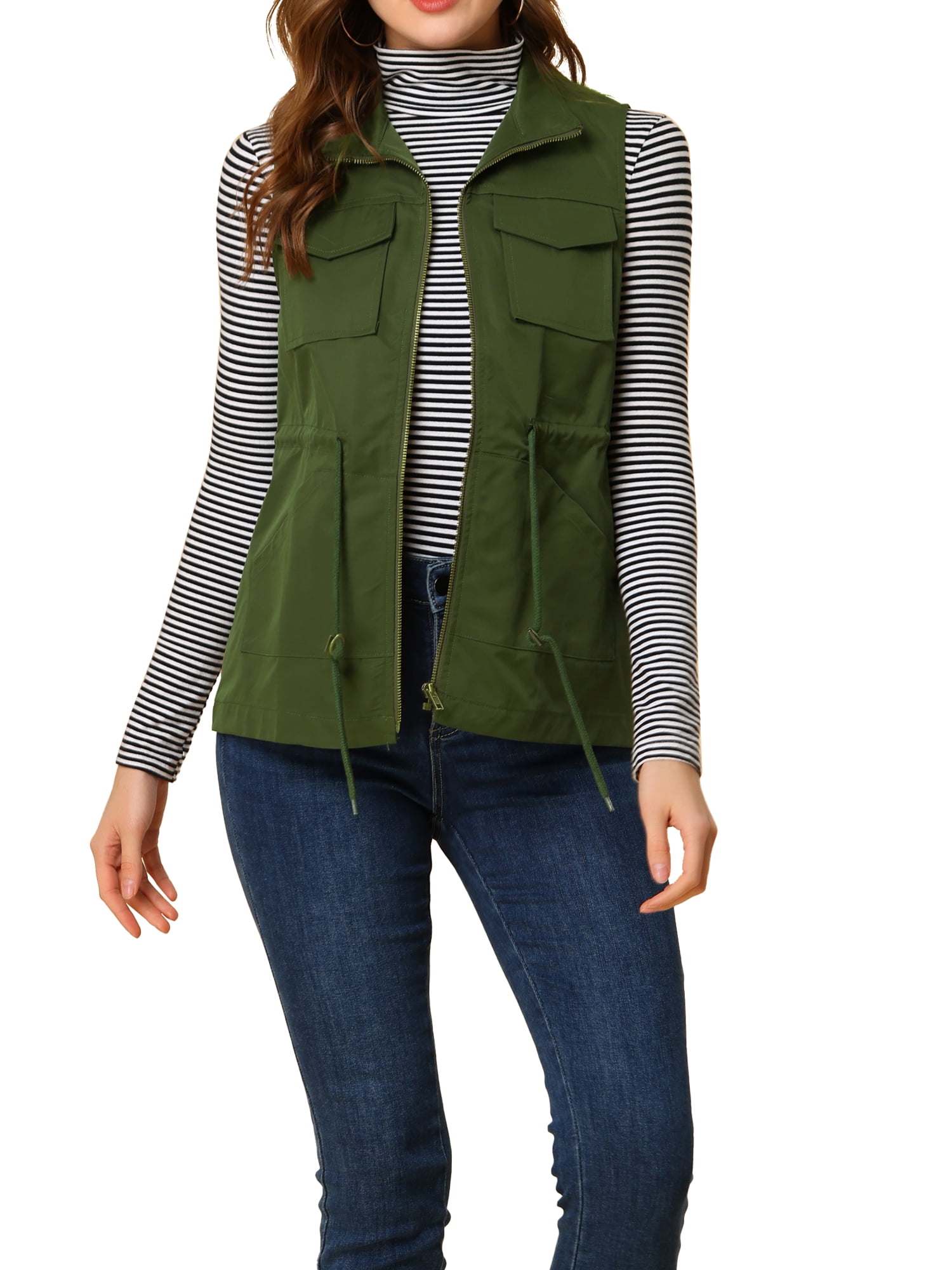 INSPIRE CHIC Gilet Utilitaire Sans Manches pour Femme à Cordon à la Taille avec Fermeture Éclair et Poches TP Vert Armée