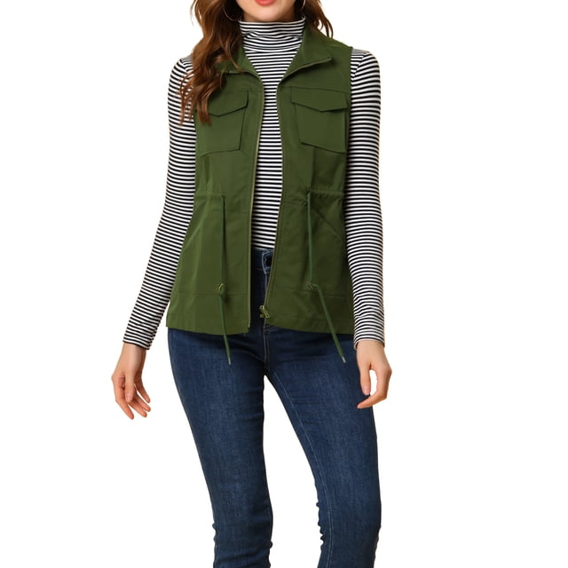 INSPIRE CHIC Women's Sleeveless Drawstring Waist Zipper Pocket Utility Vest XS Army Green