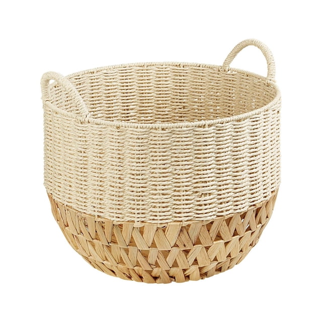 HOMETRENDS Panier de Décoration, Panier de Rangement Rond Tissé à la Main en Papier Naturel et Jacinthe d'Eau. Il Présente un design Bicolore avec une Moitié Supérieure Tressée plus Claire et une base à Motif Croisé plus Foncé, plus Deux Poignées en Boucle pour un transport Facile. Idéal pour Organiser des Articles à la Maison Ou au Bureau, Il Convient Aussi pour Ranger des Serviettes, des Articles de Toilette Ou des Fournitures de Bureau.