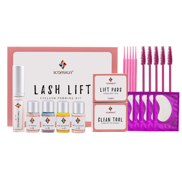 ICONSICN LASHLIFT Lash Lift Kit Eyelash Perm Kit Lash Curling Eyelash Extensions. This multicolour kit includes a scalding agent, fixative, nourishing care agent, cleaner, mascara, five silicone pads, three Y-shaped combs, five lash brushes, five clean brushes, and five eye patches. Compact and convenient, it is ideal for achieving curled and lifted eyelashes.